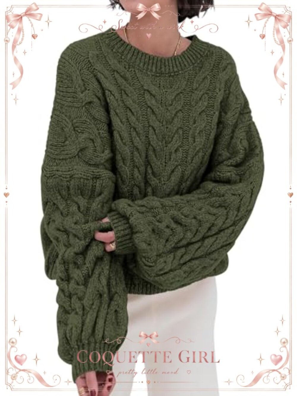 Oversized Cable Knit Balloon Sleeve Crew Neck Pullover Sweater